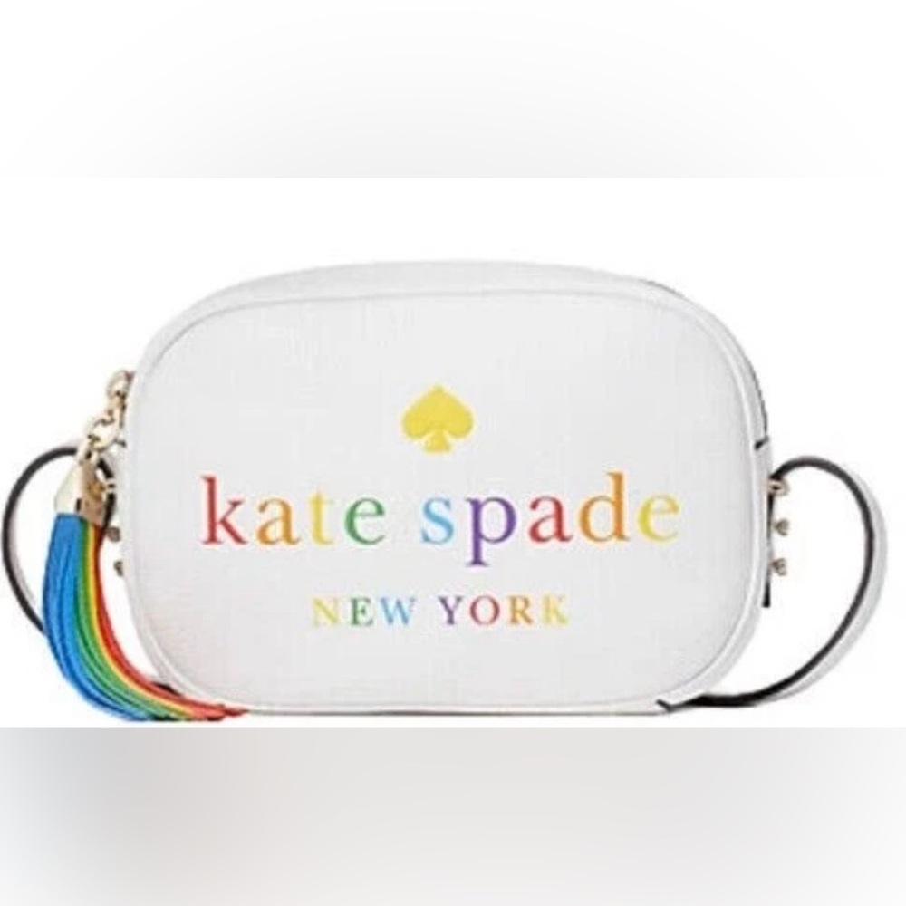 Kate Spade Kourtney Rainbow Logo Camera Bag in White Pebbled Leather NWT